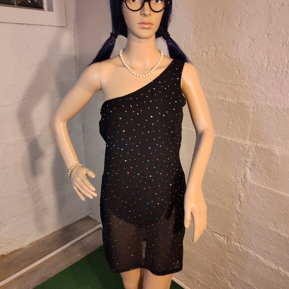 Shein Black One Shoulder Sheer Sequin Diamonds Over-lay Dress Bodysuit Size L - Picture 11 of 11